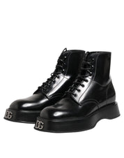 Dolce & Gabbana Black Leather Logo Ankle Boots Lace Up Shoes
