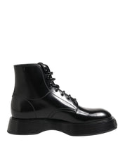 Dolce & Gabbana Black Leather Logo Ankle Boots Lace Up Shoes