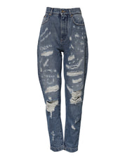Dolce & Gabbana Blue Cotton Tattered High Waist Denim Jeans