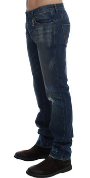 Costume National Chic Blue Wash Painted Slim Fit Jeans