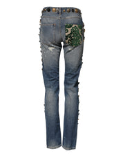 Dolce & Gabbana Blue Embellished Tattered SkinnyDenim Jeans
