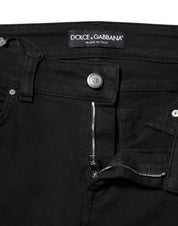 Dolce & Gabbana Black Cotton Logo Skinny Mid Waist Denim Jeans