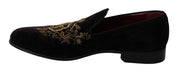 Dolce & Gabbana Elegant Black Loafers with Gold Crown Embroidery