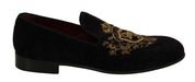 Dolce & Gabbana Elegant Black Loafers with Gold Crown Embroidery