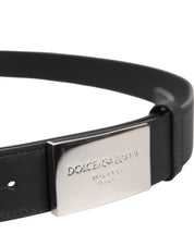Dolce & Gabbana Black Leather Silver Metal Logo Buckle Belt