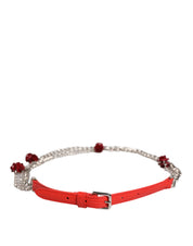 Dolce & Gabbana Red Leather Silver Chain Floral Cintura Belt