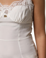 Dolce & Gabbana White Lace DG Logo Silk Dress Sleepwear