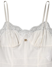 Dolce & Gabbana White Lace DG Logo Silk Dress Sleepwear