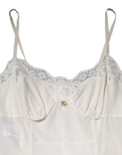 Dolce & Gabbana White Lace Gold DG Logo Silk Dress Sleepwear