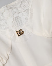 Dolce & Gabbana White Lace Gold DG Logo Silk Dress Sleepwear