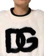 Dolce & Gabbana White Cropped Faux Fur DG Sweatshirt Sweater