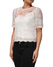 Dolce & Gabbana White Floral Lace Short Sleeves Blouse Top