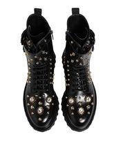 Dolce & Gabbana Black Studded Lace Up Mid Calf Boots Shoes