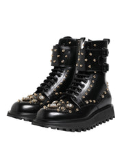 Dolce & Gabbana Black Studded Lace Up Mid Calf Boots Shoes