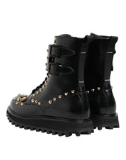 Dolce & Gabbana Black Studded Lace Up Mid Calf Boots Shoes
