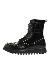 Dolce & Gabbana Black Studded Lace Up Mid Calf Boots Shoes