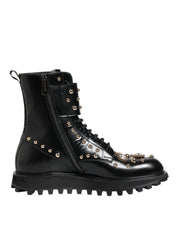Dolce & Gabbana Black Studded Lace Up Mid Calf Boots Shoes
