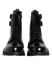 Dolce & Gabbana Black Leather Lace Up Mid Calf Boots Shoes