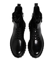 Dolce & Gabbana Black Leather Lace Up Mid Calf Boots Shoes
