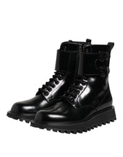 Dolce & Gabbana Black Leather Lace Up Mid Calf Boots Shoes