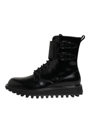 Dolce & Gabbana Black Leather Lace Up Mid Calf Boots Shoes