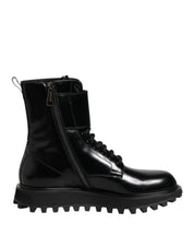Dolce & Gabbana Black Leather Lace Up Mid Calf Boots Shoes