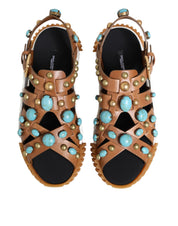 Dolce & Gabbana Brown Leather Studded Slides Sandals Shoes