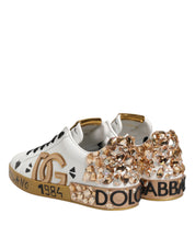 Dolce & Gabbana White Gold Crystal Portofino Sneakers Shoes