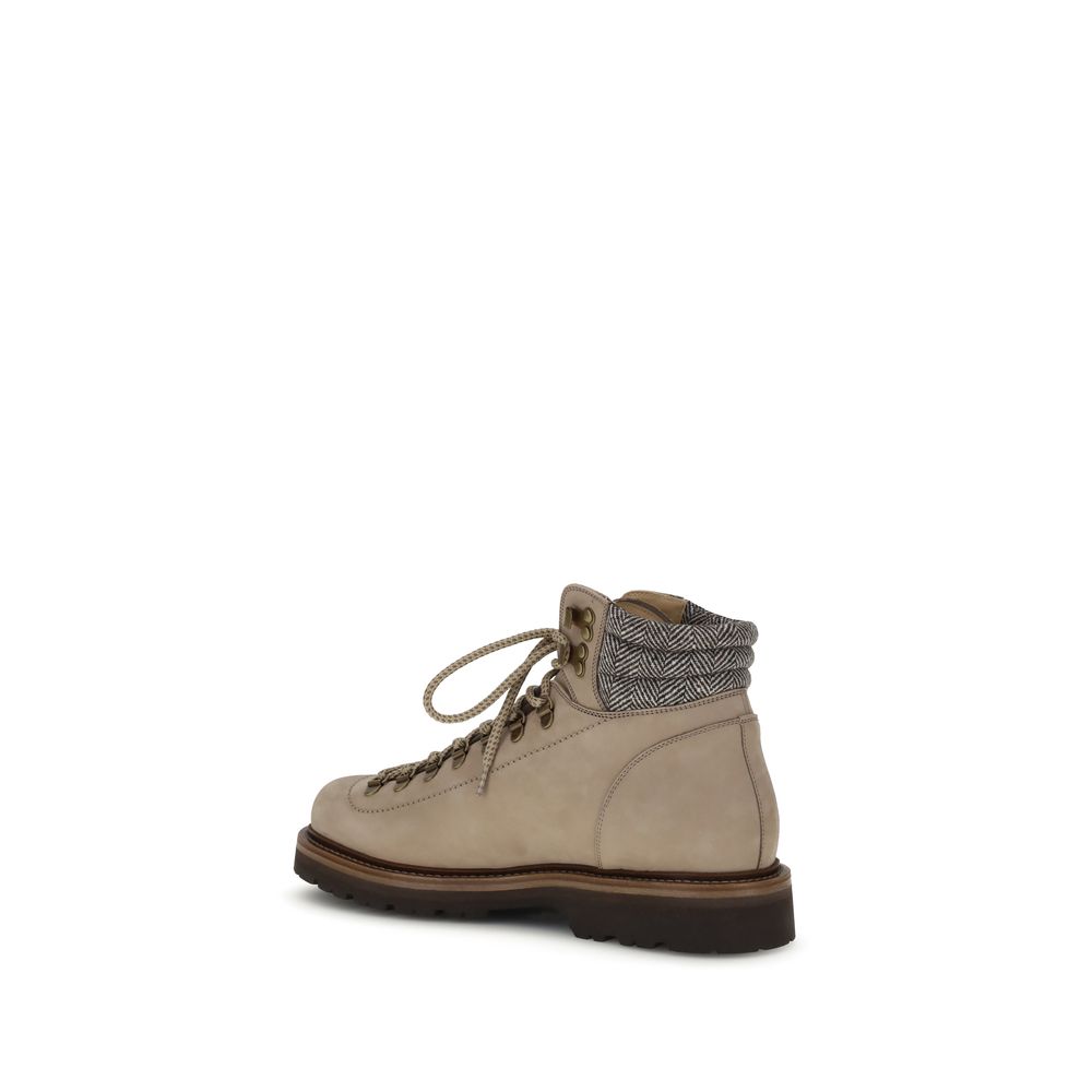 Brunello Cucinelli Beige Calf Leather Bos Taurus Lace-Up Boots