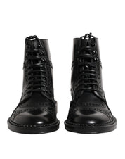 Dolce & Gabbana Black Leather Lace Up Mid Calf Boots Shoes