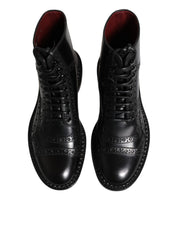 Dolce & Gabbana Black Leather Lace Up Mid Calf Boots Shoes