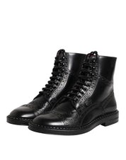 Dolce & Gabbana Black Leather Lace Up Mid Calf Boots Shoes