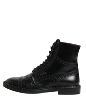 Dolce & Gabbana Black Leather Lace Up Mid Calf Boots Shoes