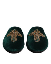Dolce & Gabbana Green Velvet Cross Embellished Slippers Shoes