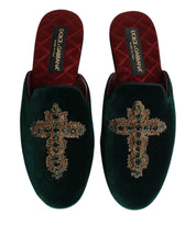 Dolce & Gabbana Green Velvet Cross Embellished Slippers Shoes