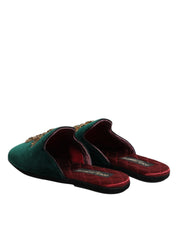 Dolce & Gabbana Green Velvet Cross Embellished Slippers Shoes