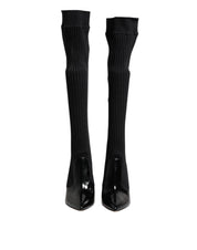 Dolce & Gabbana Black Leather Ribbed Knit Knee Boots Shoes