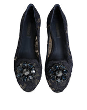Dolce & Gabbana Blue Taormina Lace Crystals Flats Shoes