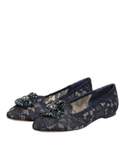 Dolce & Gabbana Blue Taormina Lace Crystals Flats Shoes