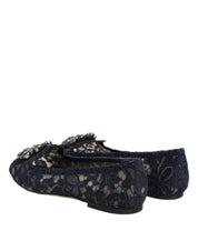 Dolce & Gabbana Blue Taormina Lace Crystals Flats Shoes