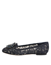 Dolce & Gabbana Blue Taormina Lace Crystals Flats Shoes