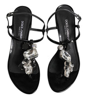Dolce & Gabbana Black Leather Crystal Ankle Strap Sandals Shoes