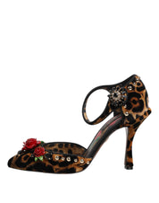 Dolce & Gabbana Brown Leopard Crystal Roses Pumps Shoes