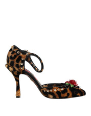 Dolce & Gabbana Brown Leopard Crystal Roses Pumps Shoes