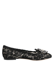Dolce & Gabbana Black Taormina Lace Crystals Flats Shoes