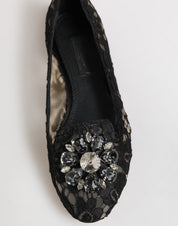 Dolce & Gabbana Black Taormina Lace Crystals Flats Shoes