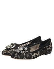 Dolce & Gabbana Black Taormina Lace Crystals Flats Shoes