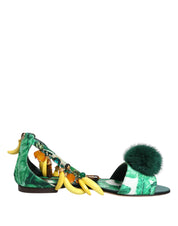 Dolce & Gabbana Green Mink Fur Satin Banana Leaf Sandals Shoes