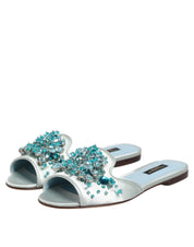 Dolce & Gabbana Silver Blue Leather Bead Embellish Slide Shoes