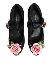 Dolce & Gabbana Black Flower Crystal Embellished Mary Jane Shoes